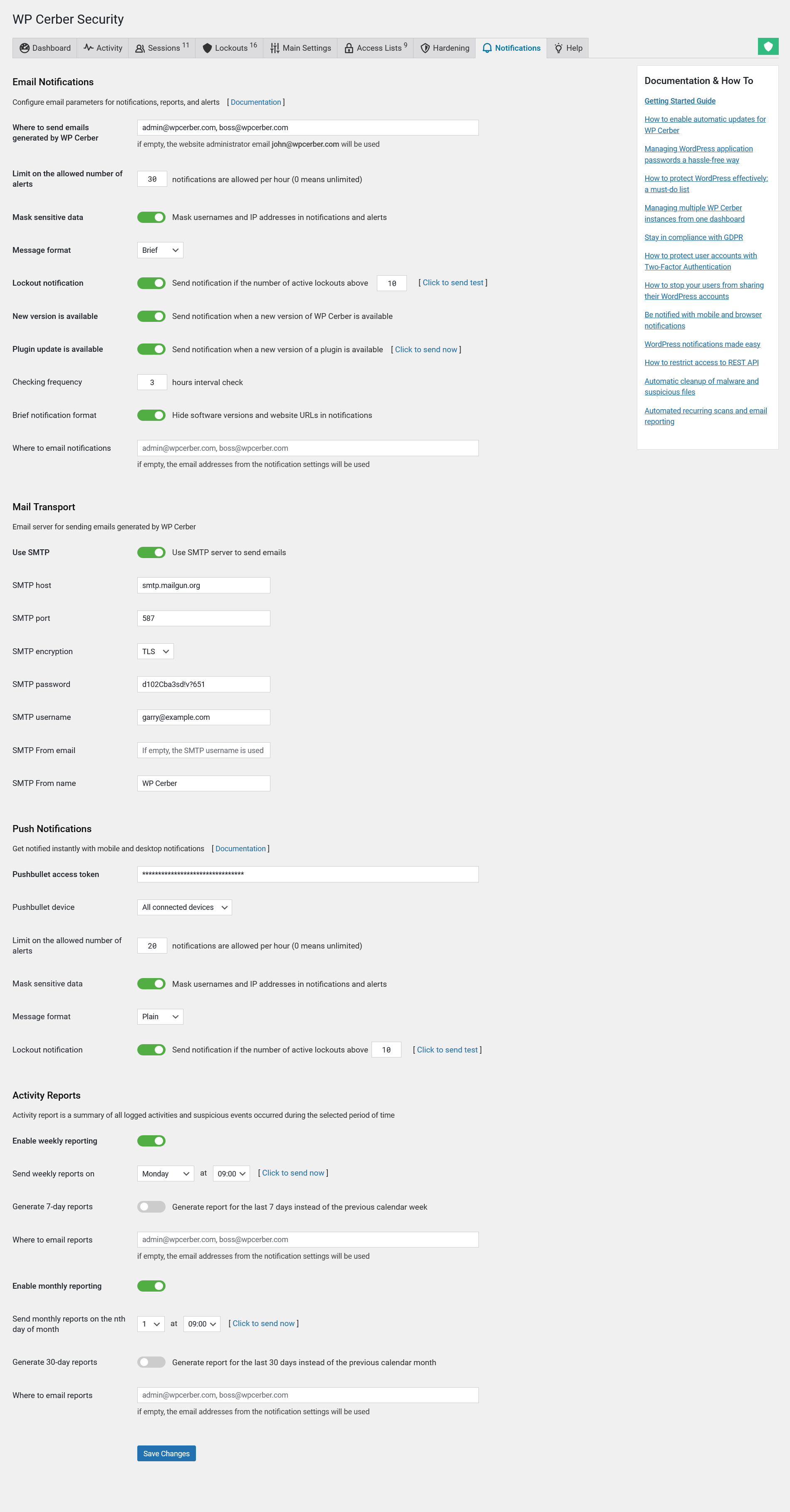 On the Notification tab administrators configure email parameters for notifications, alerts, and reports. WP Cerber provides mobile alerts and email notifications to WordPress administrators to keep them informed about security-related events on their websites. Weekly and monthly security reports provide a comprehensive summary of security-related activity on the website and enables administrators to take proactive measures to prevent potential security breaches. To keep your WordPress plugins up to date, enable notifications when a new version of a plugin is available.