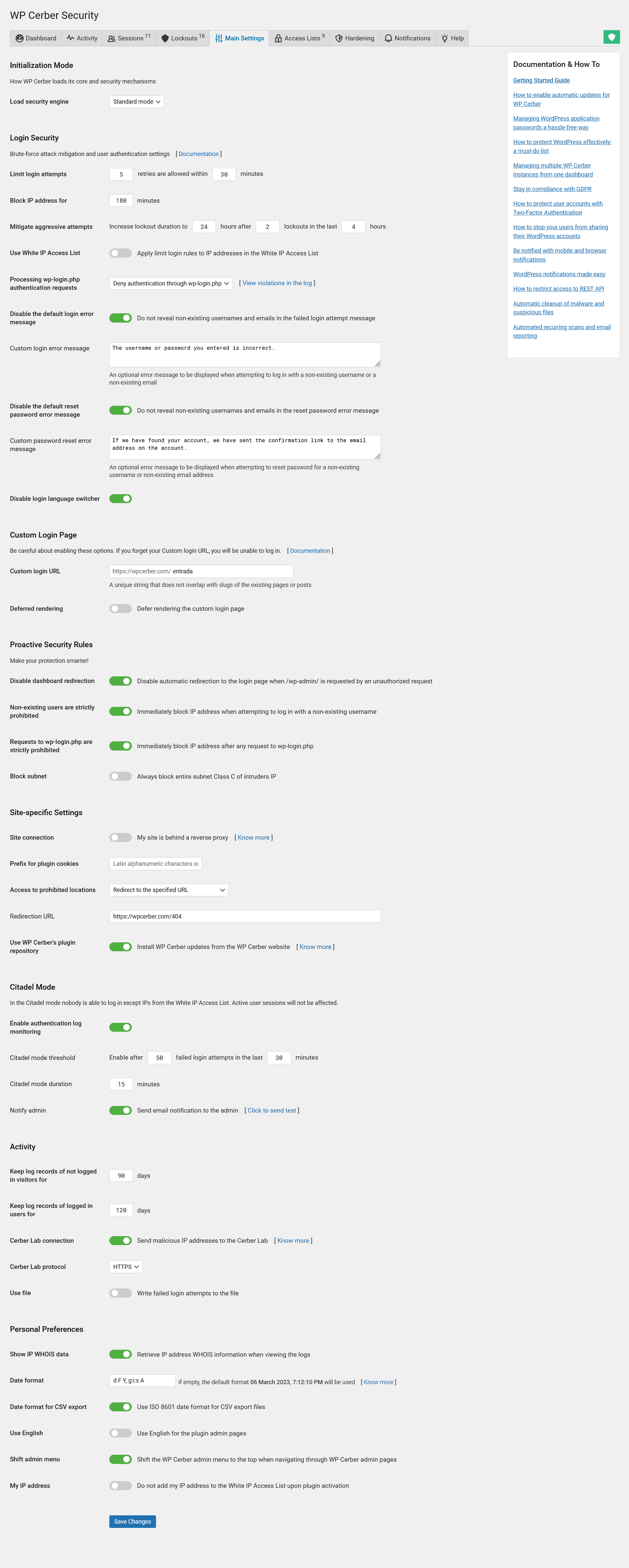 The Main Settings tab enables you to configure login security features, brute-force protection parameters, custom WordPress login page and other important plugin settings. Here WordPress administrators can configure the protection for the default login page, parameters of advanced and proactive security policies.